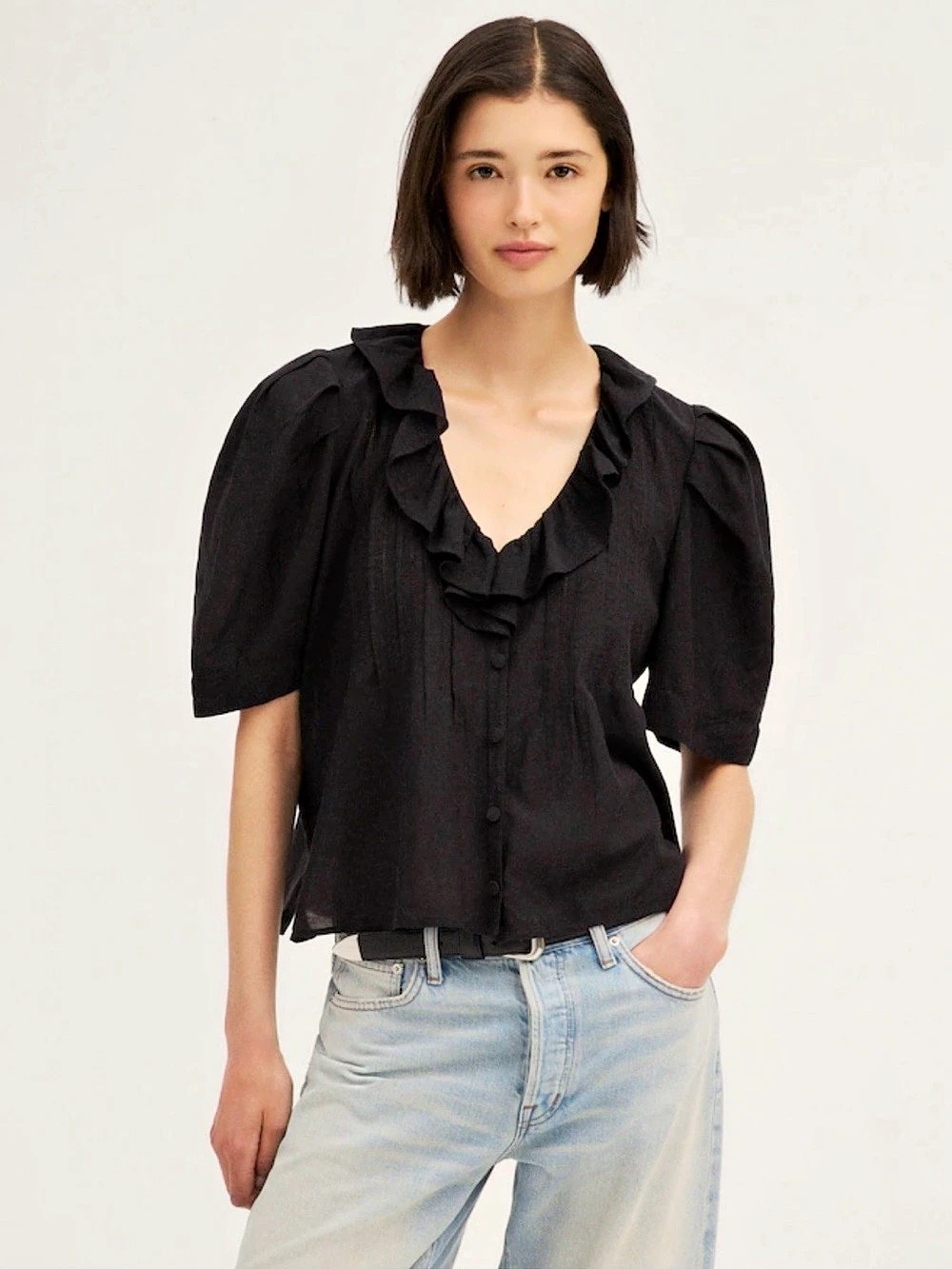 Madewell Ruffled Pintuck Top Ruffle Neck Cotton Blend Blouse Black Medium NWT